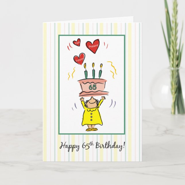 Carte 65e anniversaire gâteau et coeurs pour femme (Devant)
