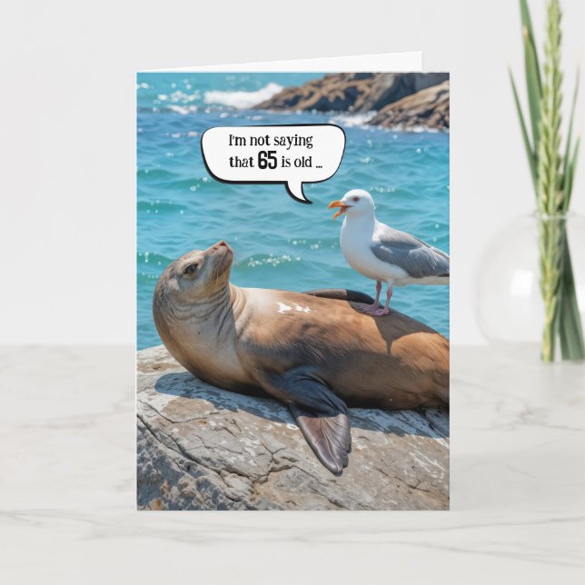 Carte 65e anniversaire Humour Mouette perchée sur un lio (Devant)