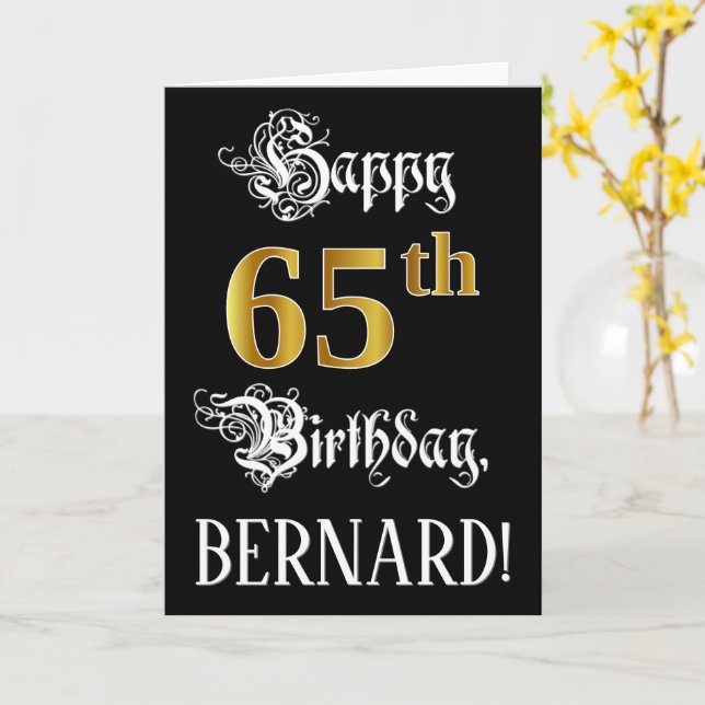 Carte 65e anniversaire — Script fantaisie; look or Faux; (Fleur jaune)