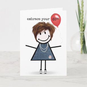 Carte 65e Anniversaire Stick Figure Girl avec Ballons Ro