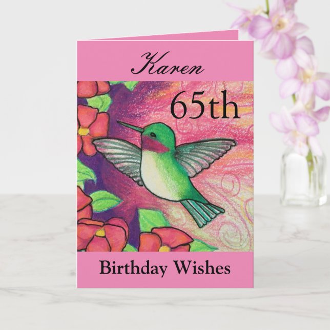 Carte 65e anniversaire Voeux de colibri rose (Orchidée)