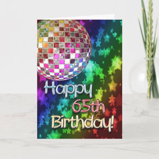 Carte 65ème anniversaire avec boule disco et arc-en-ciel (Devant)