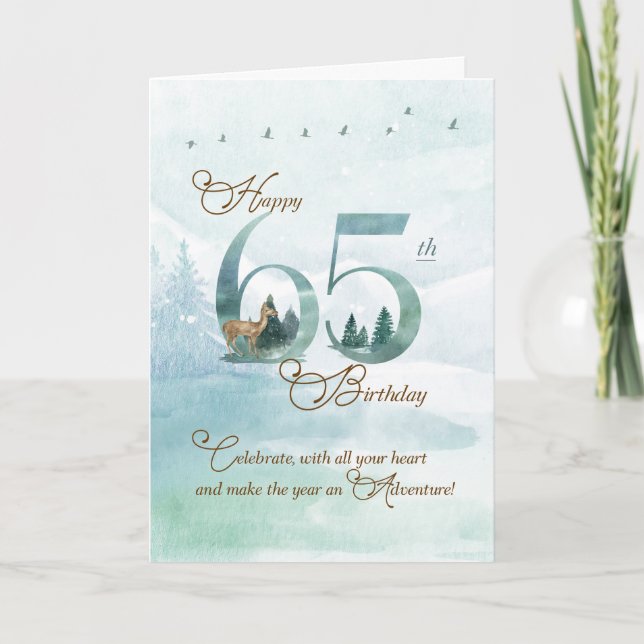 Carte 65th Birthday Evergreen Pines and Deer Nature (Devant)