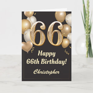 Carte 66e anniversaire Ballons Noir et Or Confetti