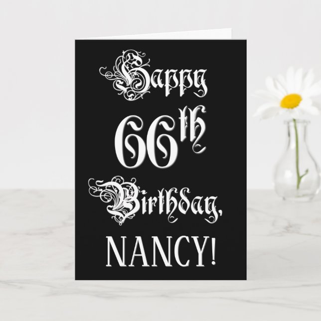 Carte 66e anniversaire : fantaisie, élégant script + Nom (Petite plante)