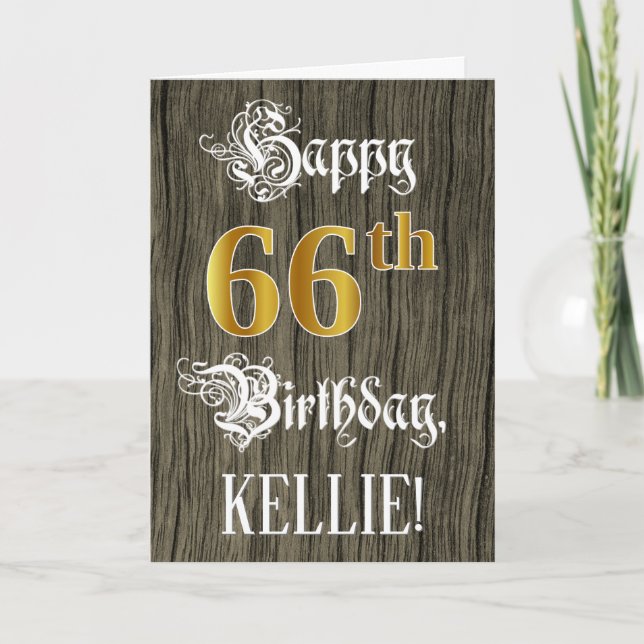 Carte 66e anniversaire : Faux Gold Look + Faux Wood Moti (Devant)