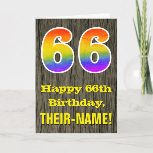 Carte 66th Birthday : Rustic Faux Wood Look, Rainbow "66