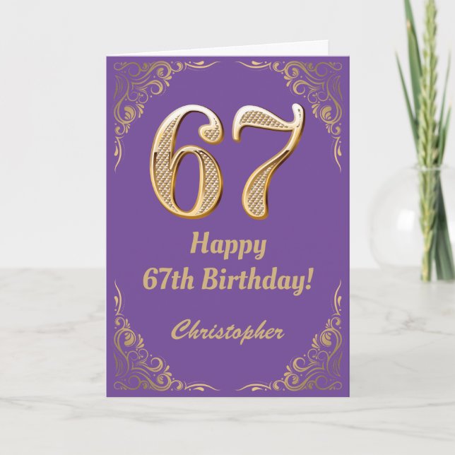 Carte 67e anniversaire Parties scintillant violet et or  (Devant)