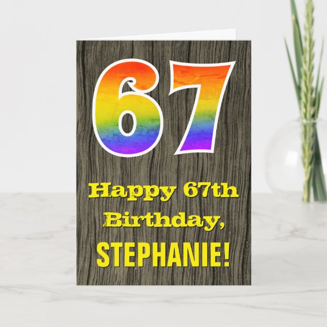 Carte 67e anniversaire : Rustic Faux Wood Look, Arc-en-c (Devant)
