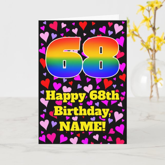 Carte 68e anniversaire : Amour Hearts Motif, Arc-en-ciel (Fleur jaune)
