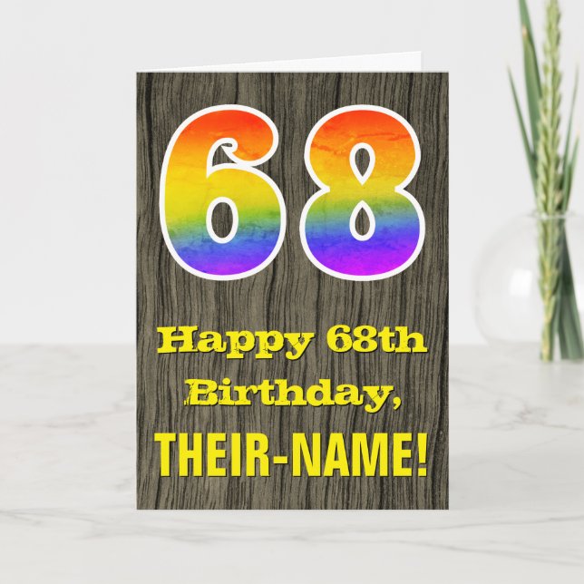 Carte 68e anniversaire : Rustic Faux Wood Look, Arc-en-c (Devant)