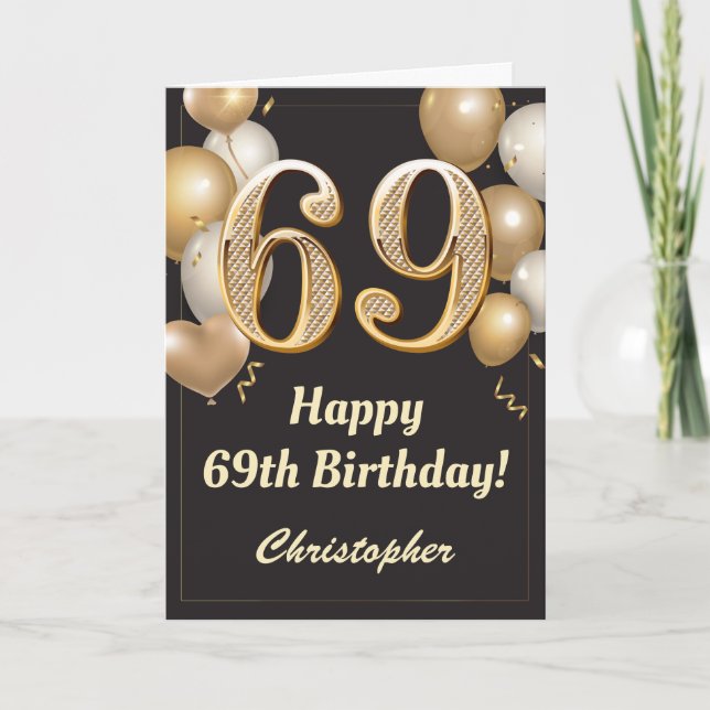 Carte 69e anniversaire Ballons Noir et Or Confetti (Devant)