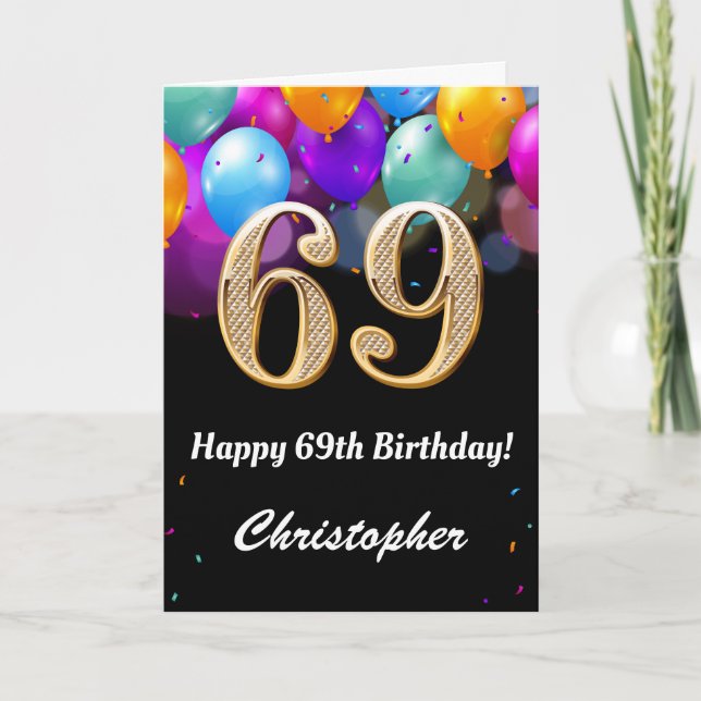Carte 69e anniversaire Ballons noirs et dorés (Devant)