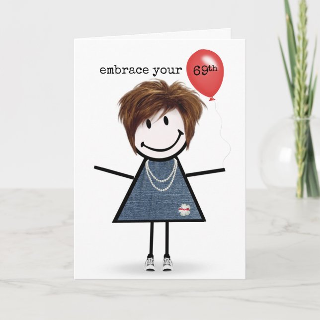 Carte 69e Anniversaire Stick Figure Girl avec Ballons Ro (Devant)