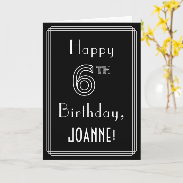 Carte 6e anniversaire : Art Déco Style # 6 & Custom Name (Fleur jaune)