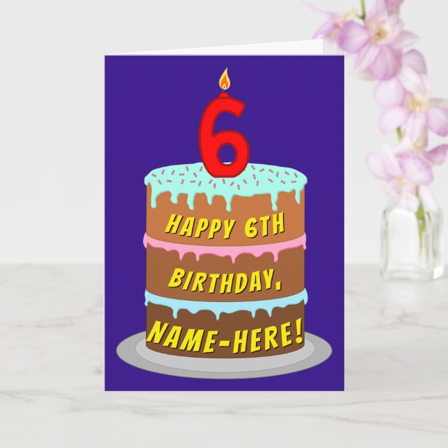Carte 6e anniversaire : Fun Cake and Candle + Nom person (Orchidée)