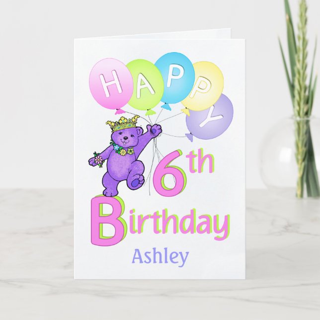 Carte 6e anniversaire Princess Bear, Nom personnalisé (Devant)