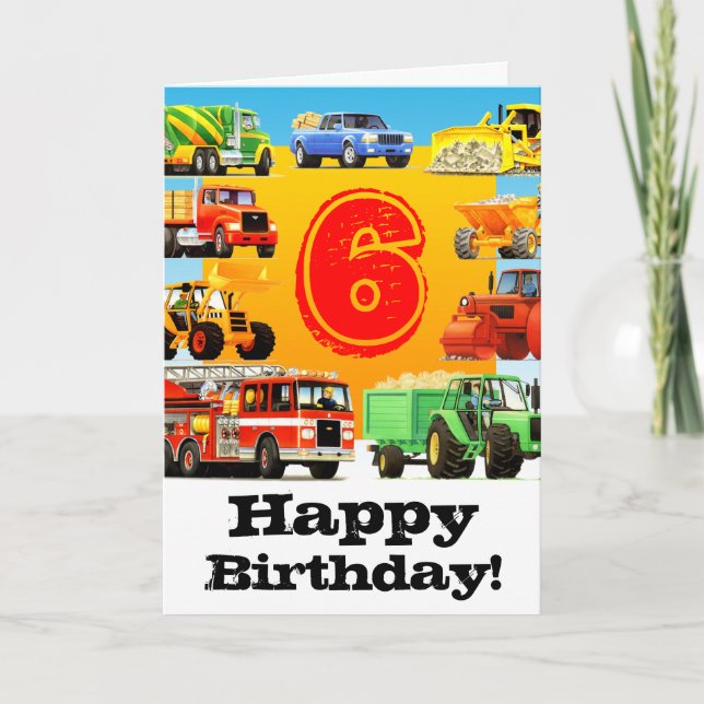 Carte 6ème fête d'anniversaire de grands camions (Devant)
