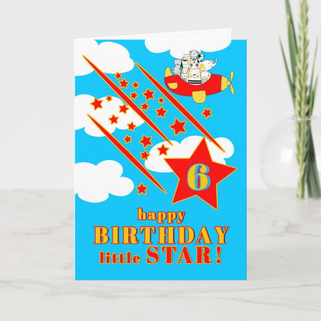Carte 6th Birthday Little Star Cute Animals in a Plane (Devant)