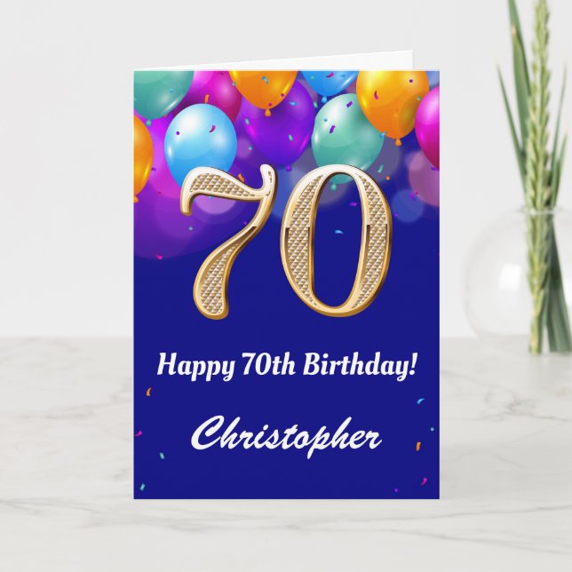 Carte 70e Anniversaire Ballons bleu et or couleur marine (Devant)