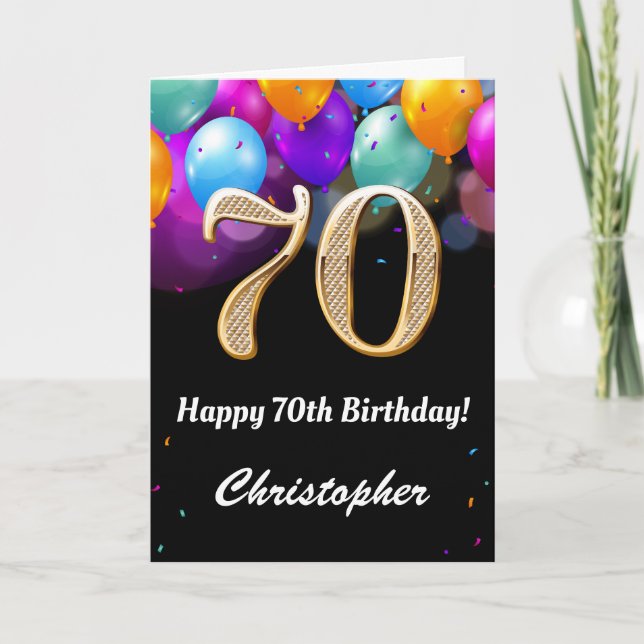 Carte 70e anniversaire Ballons noirs et dorés (Devant)