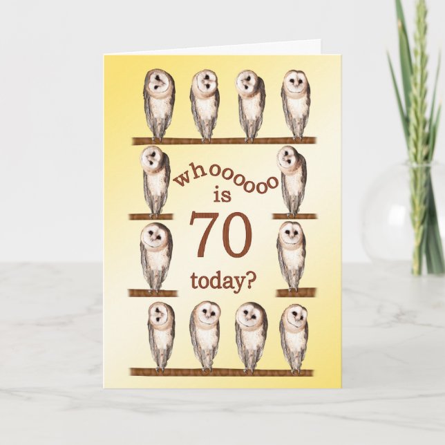 Carte 70e anniversaire, Curious owls card. (Devant)