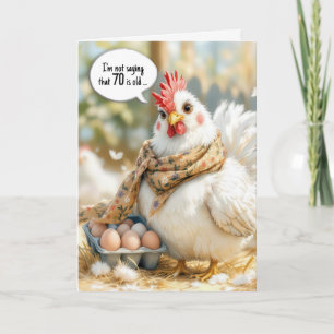 Carte 70e anniversaire de poule avec des œufs dans un ca