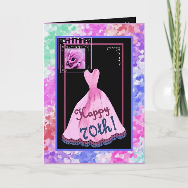 Carte 70e anniversaire fabuleux avec robe rose (Devant)