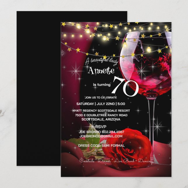 Carte 70e anniversaire fête Vin rouge et Rose Anniversai (Devant / Derrière)