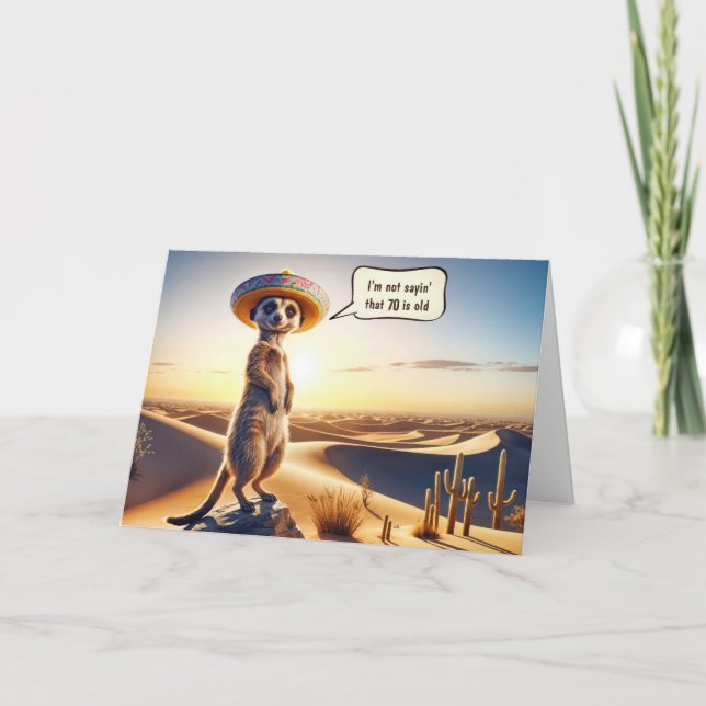 Carte 70e anniversaire Meerkat portant un Sombrero (Devant)