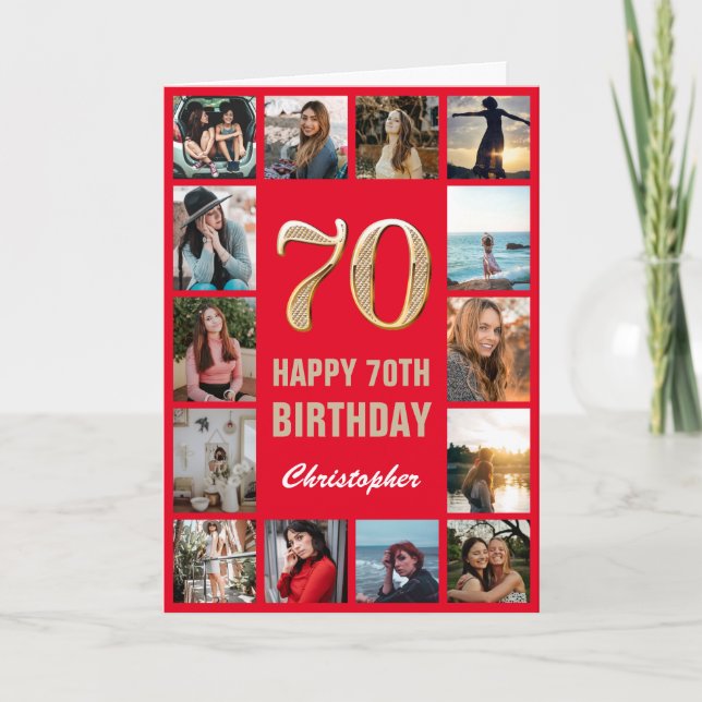 Carte 70e Joyeux Anniversaire Collage photo rouge et or (Devant)