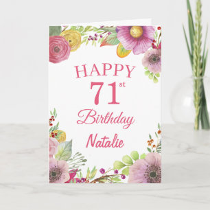 Carte 71e anniversaire Aquarelle Florale Fleurs rose car