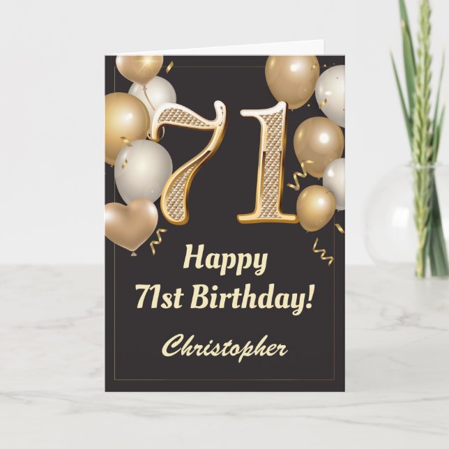 Carte 71e anniversaire Ballons Noir et Or Confetti (Devant)