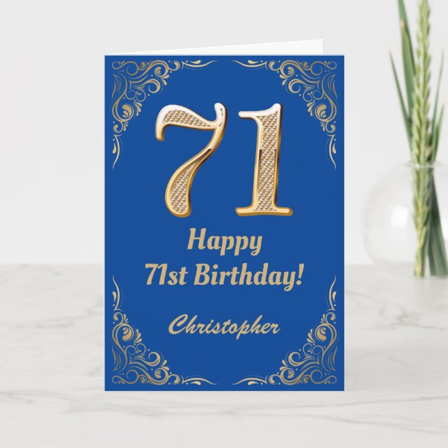 Carte 71e anniversaire Cadre Parties scintillant bleu et (Devant)