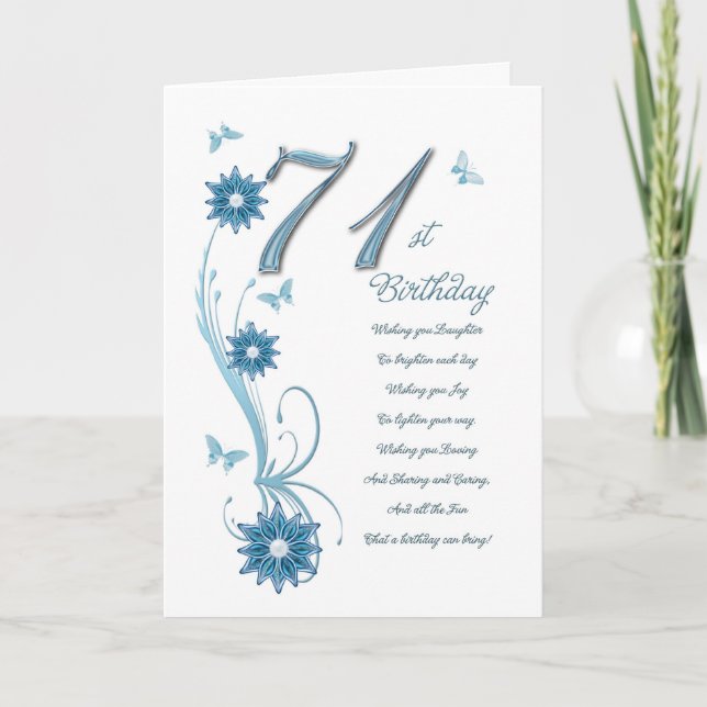 Carte 71e anniversaire en turquoise avec fleurs et papil (Devant)
