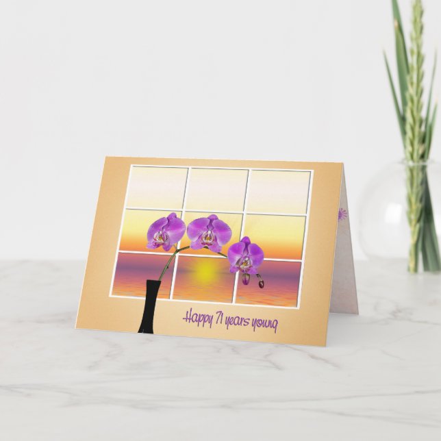 Carte 71e anniversaire Orchidées roses dans la fenêtre (Devant)