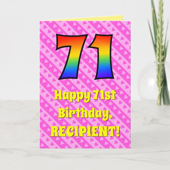Carte 71e anniversaire : Pink Stripes & Hearts, Arc en c (Devant)