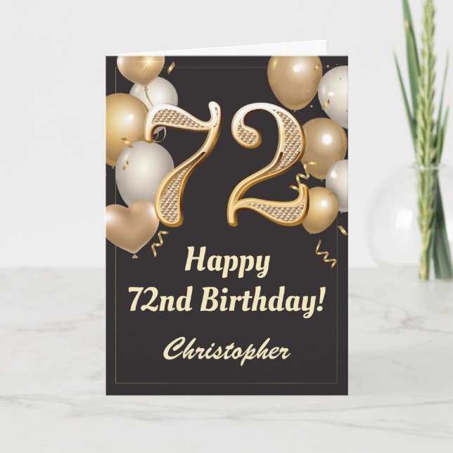 Carte 72e anniversaire Ballons Noir et Or Confetti (Devant)