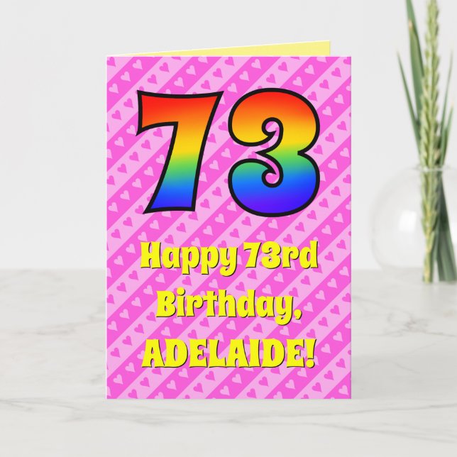 Carte 73e anniversaire : Pink Stripes & Hearts, Arc en c (Devant)