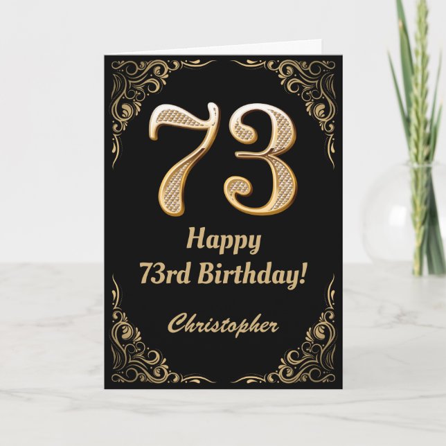 Carte 73ème anniversaire Parties scintillant noir et or (Devant)