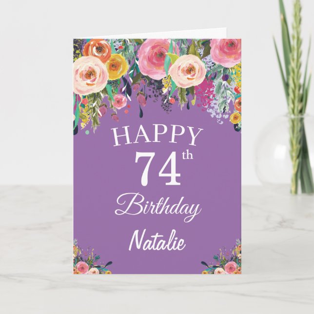 Carte 74e anniversaire Aquarelle Florale Fleurs pourpres (Devant)