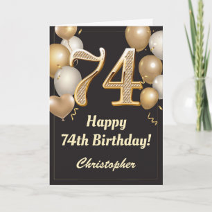 Carte 74e anniversaire Ballons Noir et Or Confetti