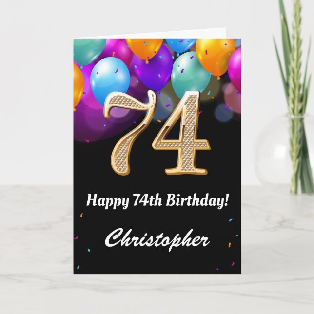 Carte 74e anniversaire Ballons noirs et dorés (Devant)