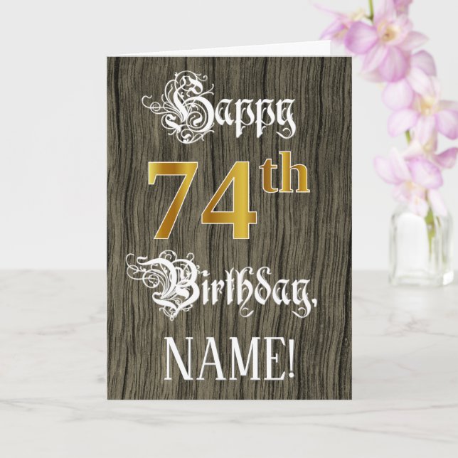 Carte 74e anniversaire : Faux Gold Look + Faux Wood Moti (Orchidée)