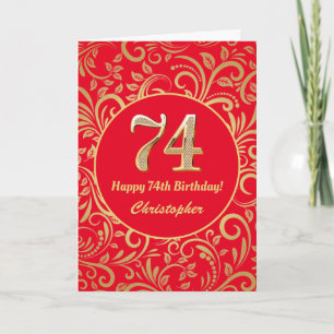 Carte 74e anniversaire Motif Floral rouge et or