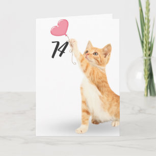 Carte 74e anniversaire tabby chat avec ballon cardiaque