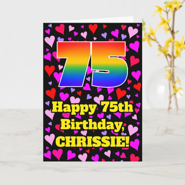 Carte 75e anniversaire : Amour Hearts Motif, Arc-en-ciel (Fleur jaune)