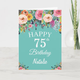 Carte 75e Anniversaire Aquarelle Floral Fleurs Sarcelle