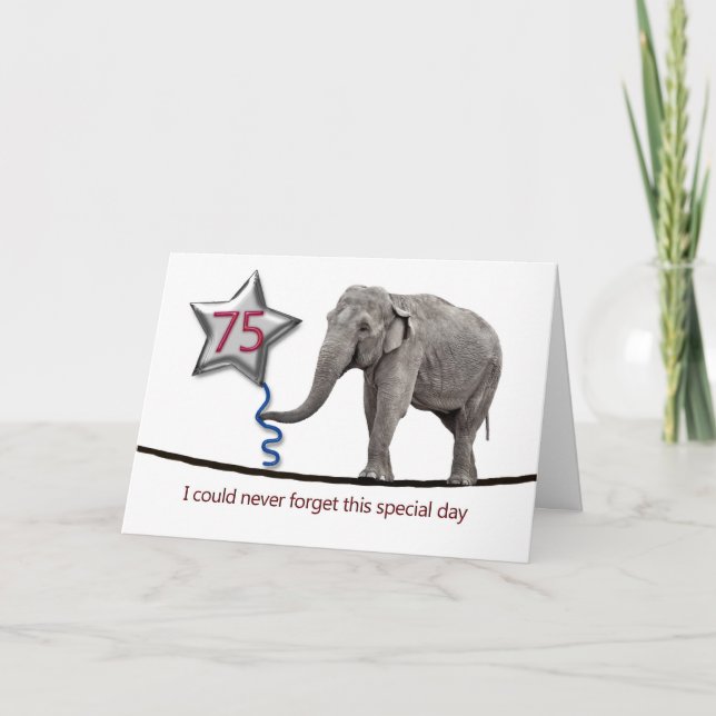 Carte 75e anniversaire avec éléphant à corde (Devant)