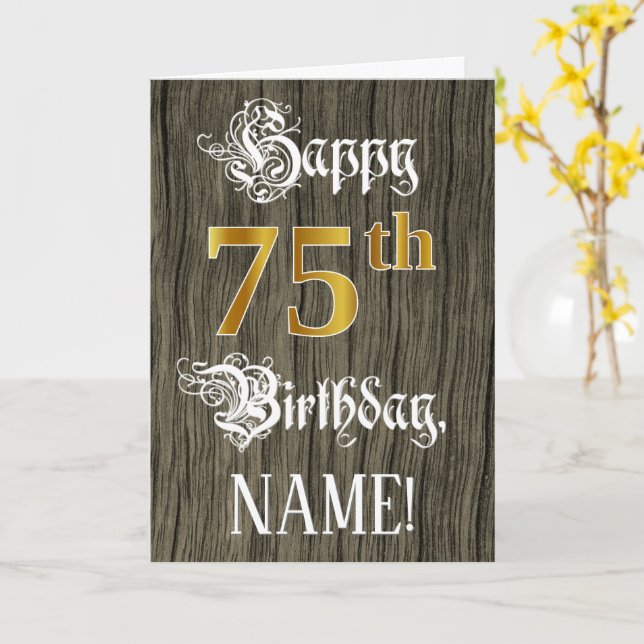 Carte 75e anniversaire : Faux Gold Look + Faux Wood Moti (Fleur jaune)